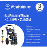 3400 PSI 2.6 GPM Gas Powered Axial Cam Pump Cold Water Pressure Washer with Soap Tank and 5 Quick Connect Tips