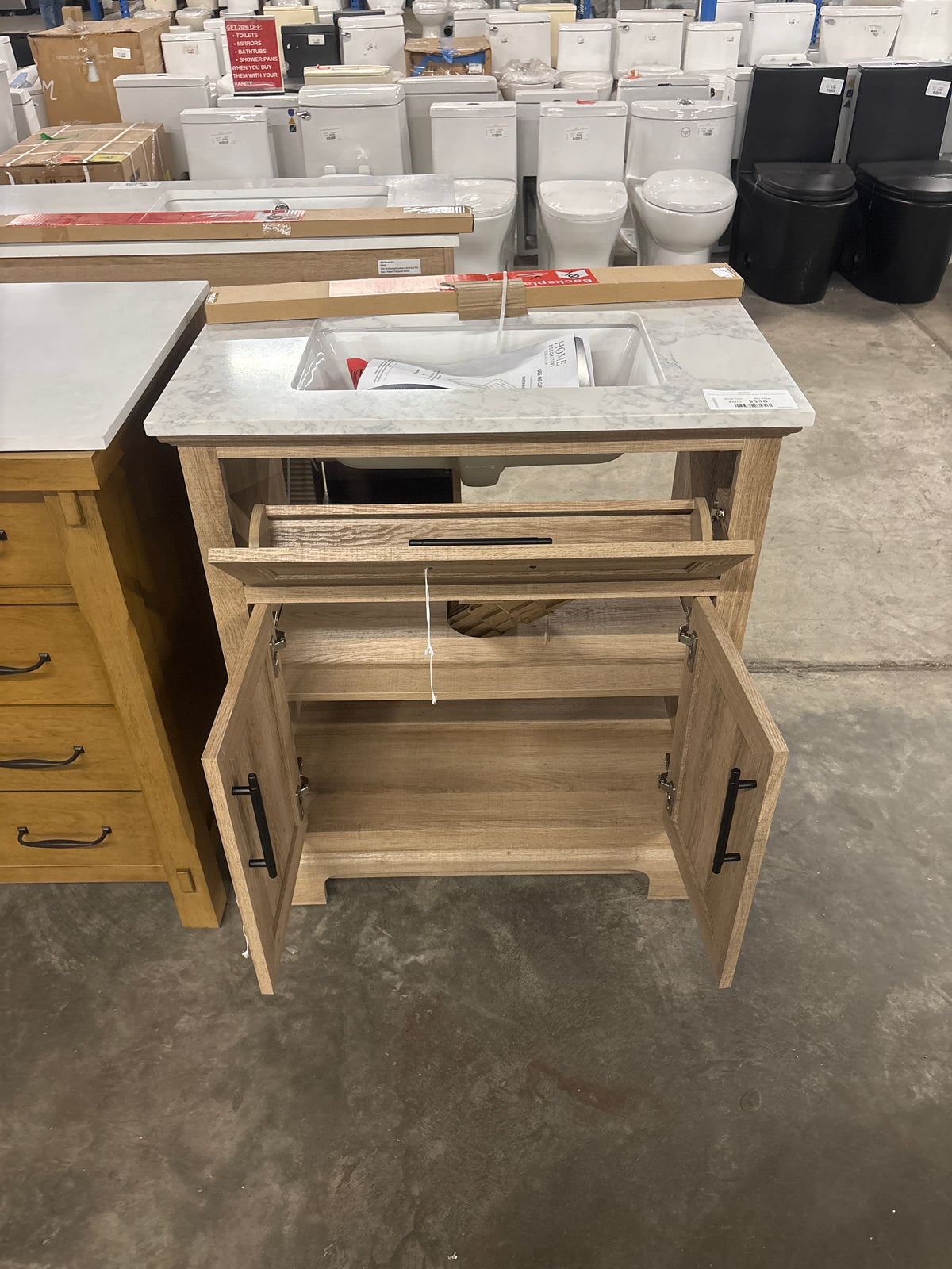 Doveton 30 in. W x 19 in. D x 34.50 in. H Freestanding Vanity in Weathered Tan with White Engineered Stone Top