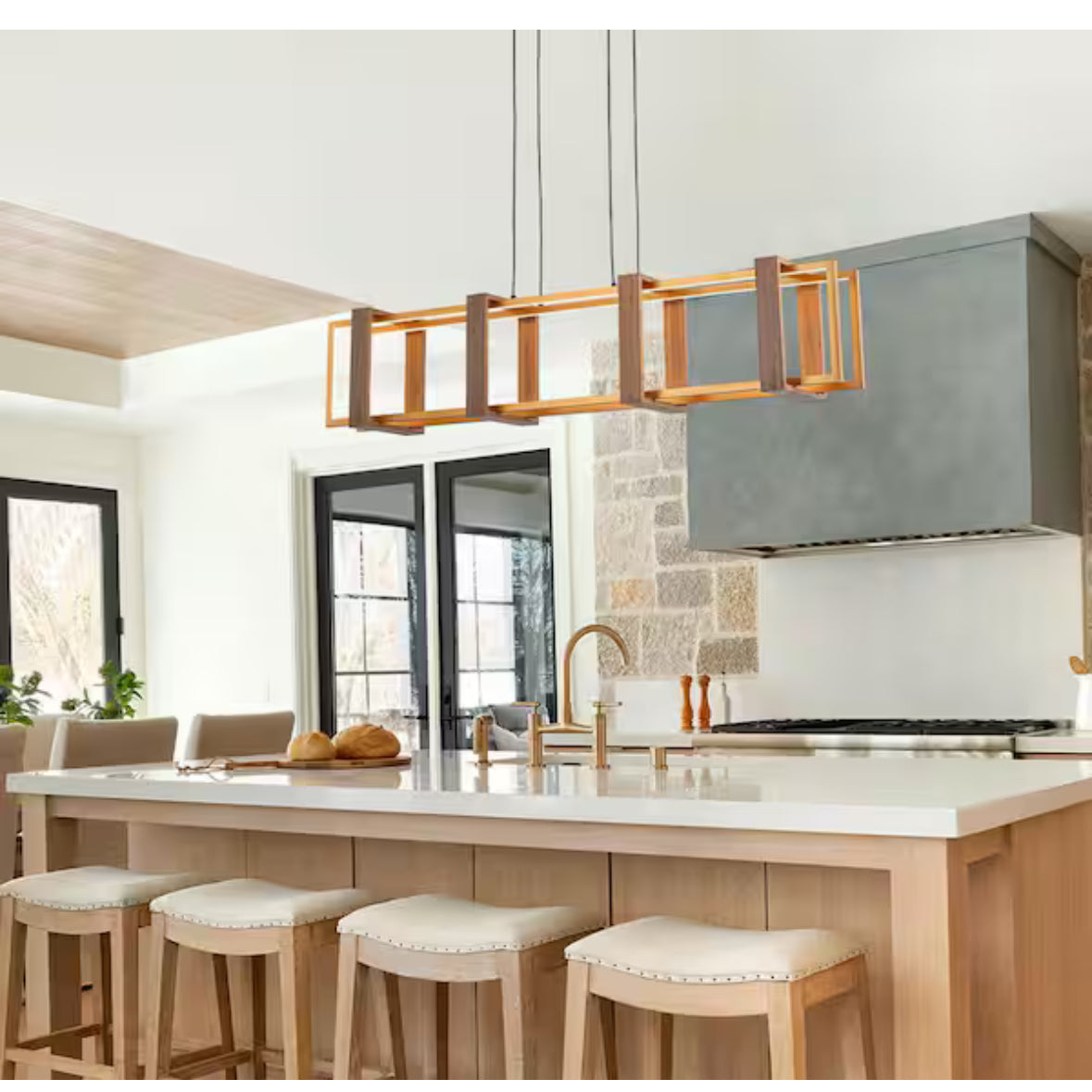 48-Watt 2-Light Gold Modern Linear Wood Integrated LED Pendant Light with Height Adjustable for Kitchen Island