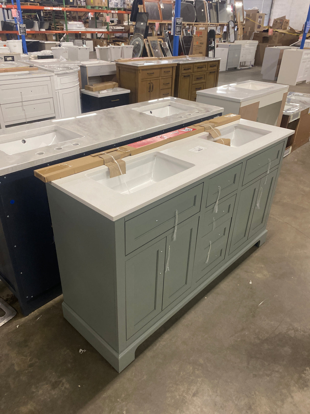 Doveton 60 in. Double Sink Sage Green Bath Vanity with White Engineered Stone Top (Assembled)