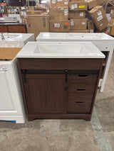 Eon 31 in. W Single Sink Walnut Freestanding Bath Vanity with White Engineered Solid Surface Top Unassembled