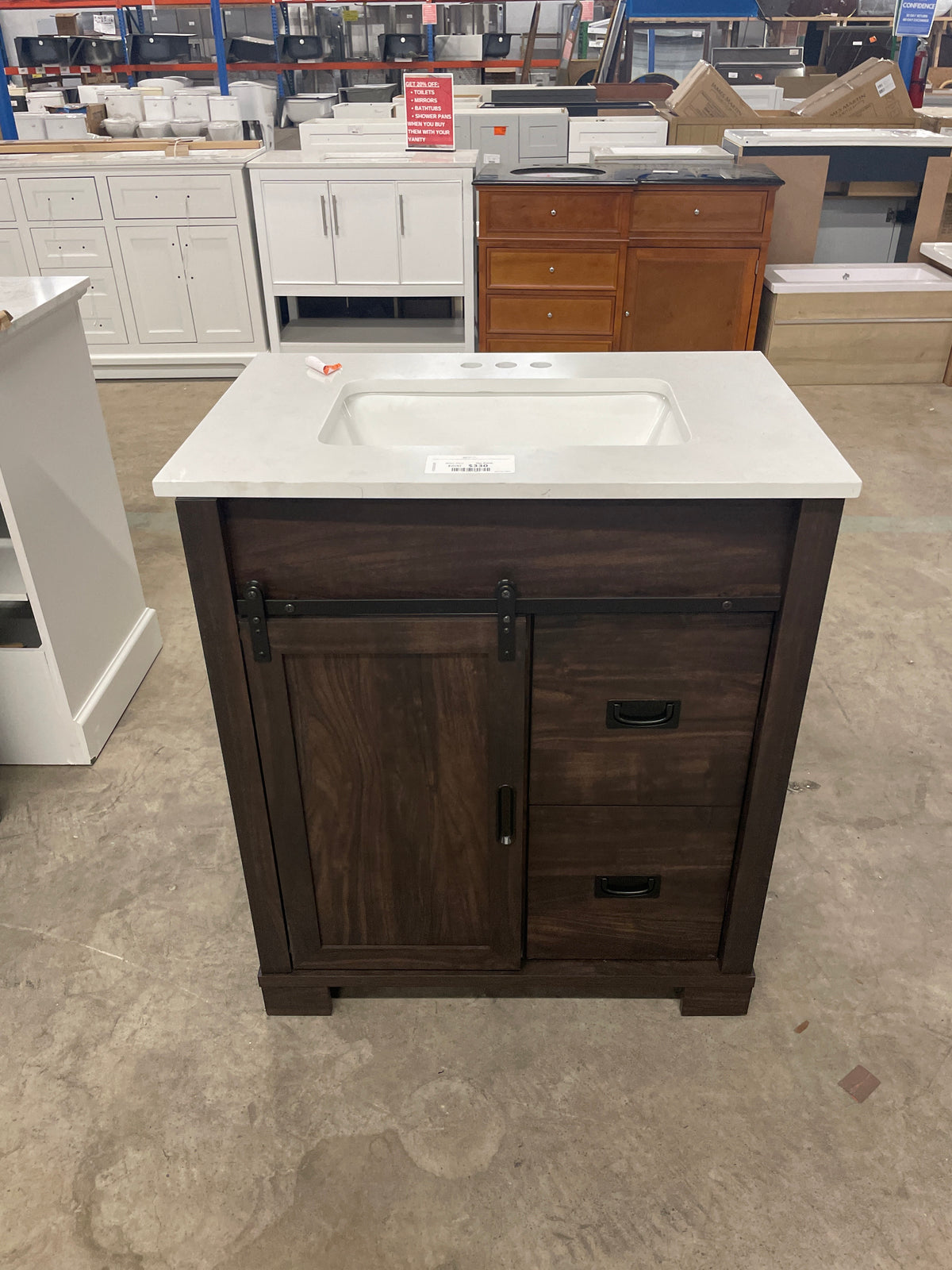 Brindley 30 in W x 20 in D x 35 in H Single Sink Freestanding Vanity in Dark Walnut w/ Veined White Engineered Stone Top
