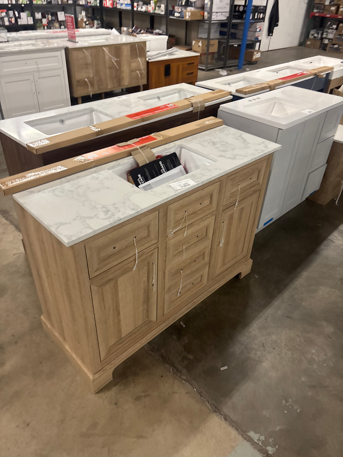 Doveton 48 in. W x 19 in. D x 34.50 in. H Freestanding Vanity in Weathered Tan with White Engineered Stone Top