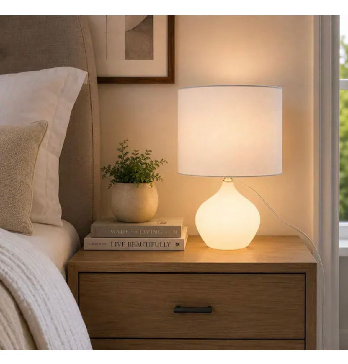 17.25 in. Frosted White Classic Table Lamp for with Natural Linen Shade, Nightlight in Base