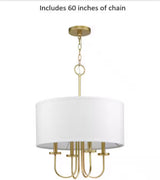 Odella 20 in. 4-Light Vintage Gold Traditional Pendant with White Linen Fabric Shade