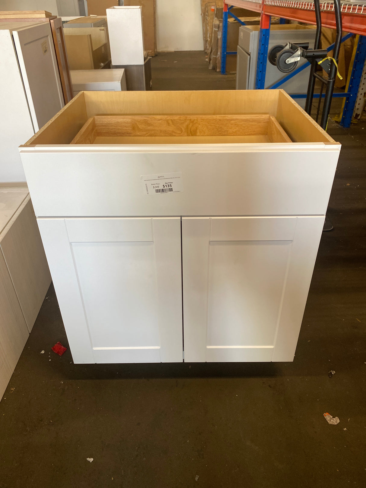 Shaker Satin White Stock Assembled Base Kitchen Cabinet with Ball-Bearing Drawer Glides (30 in. x 34.5 in. x 24 in.)
