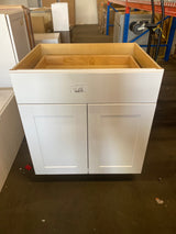 Shaker Satin White Stock Assembled Base Kitchen Cabinet with Ball-Bearing Drawer Glides (30 in. x 34.5 in. x 24 in.)
