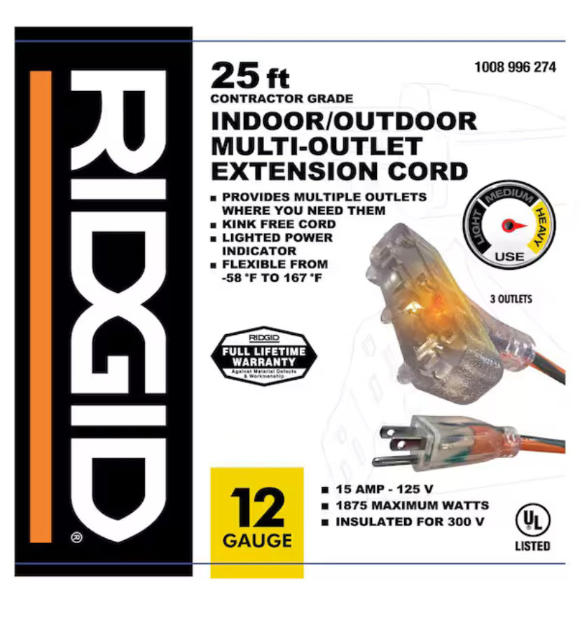 25 ft. 12/3 Heavy Duty Indoor/Outdoor Extension Cord with Tritap Lighted End, Orange/Grey