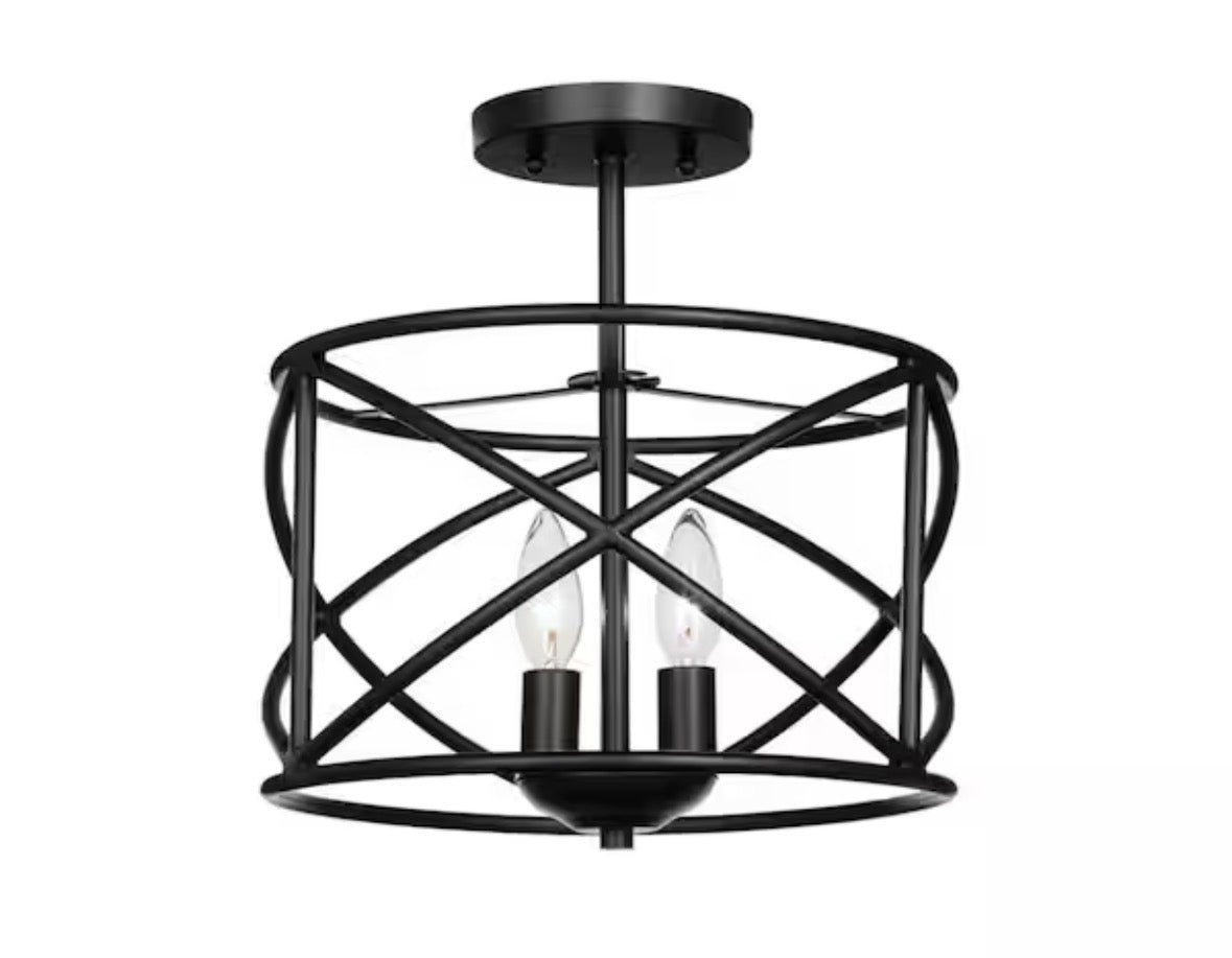 Hastings 13.5 in. 2-Light Oil Rubbed Bronze Modern Entryway Semi-Flush Mount with Open Cage Design