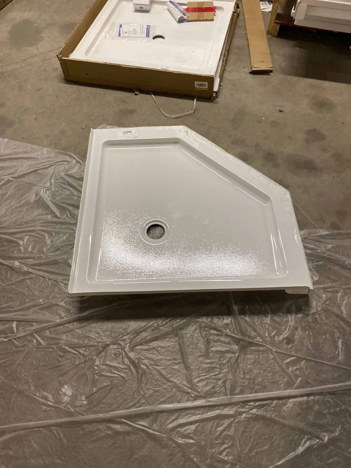 Foundations 38 in. L x 38 in. W Corner Shower Pan Base with Corner Drain in White