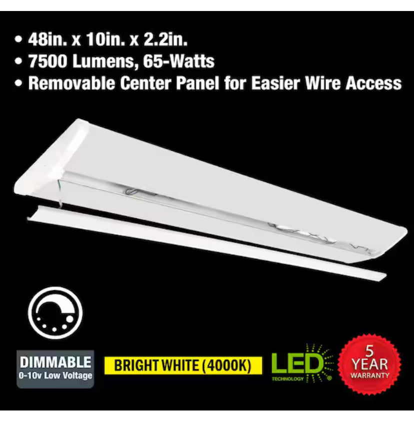 4 ft. 7500 Lumens LED Wraparound Light Garage Light Shop Light Office 120-277v 4000K Bright White 0 to 10 Volt Dimmable