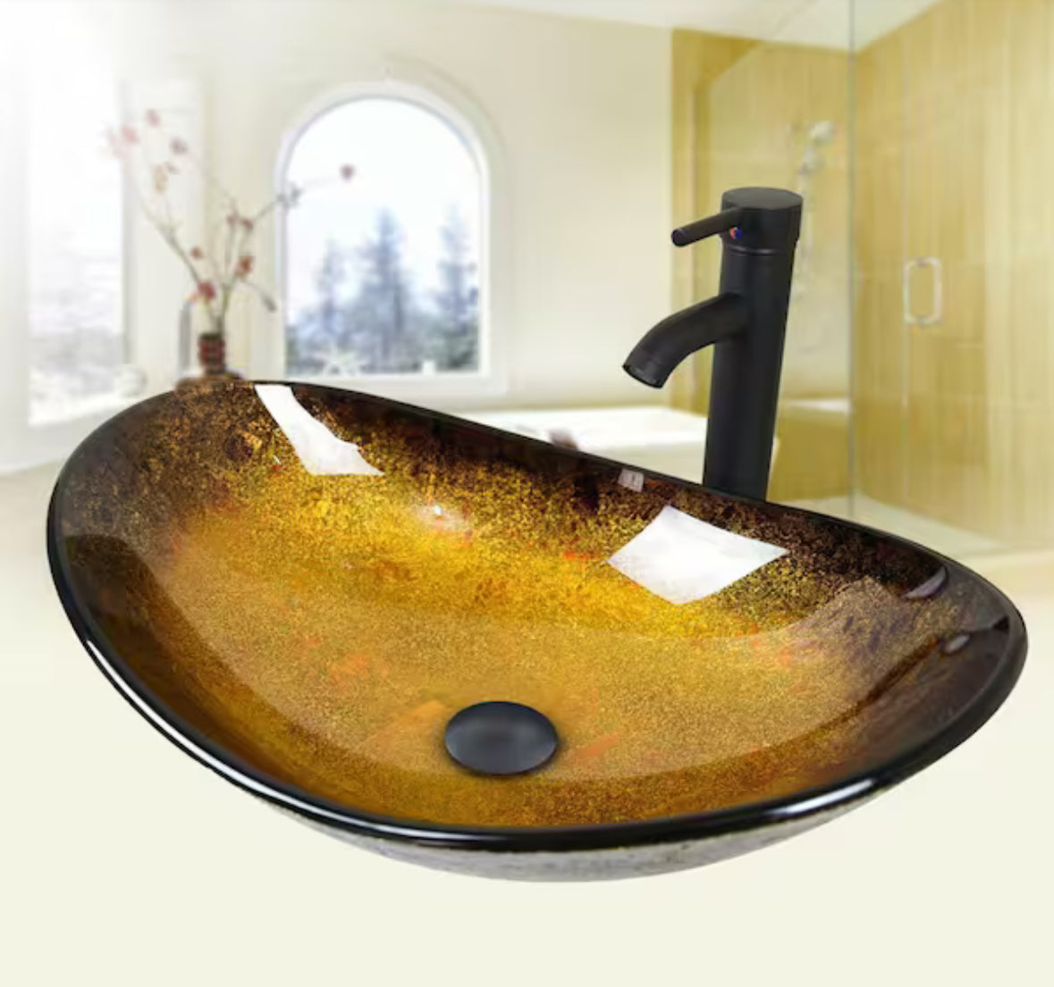 Multi-colored Glass Oval Vessel Sink in Yellow with Black Faucet Pop Up Drain Set