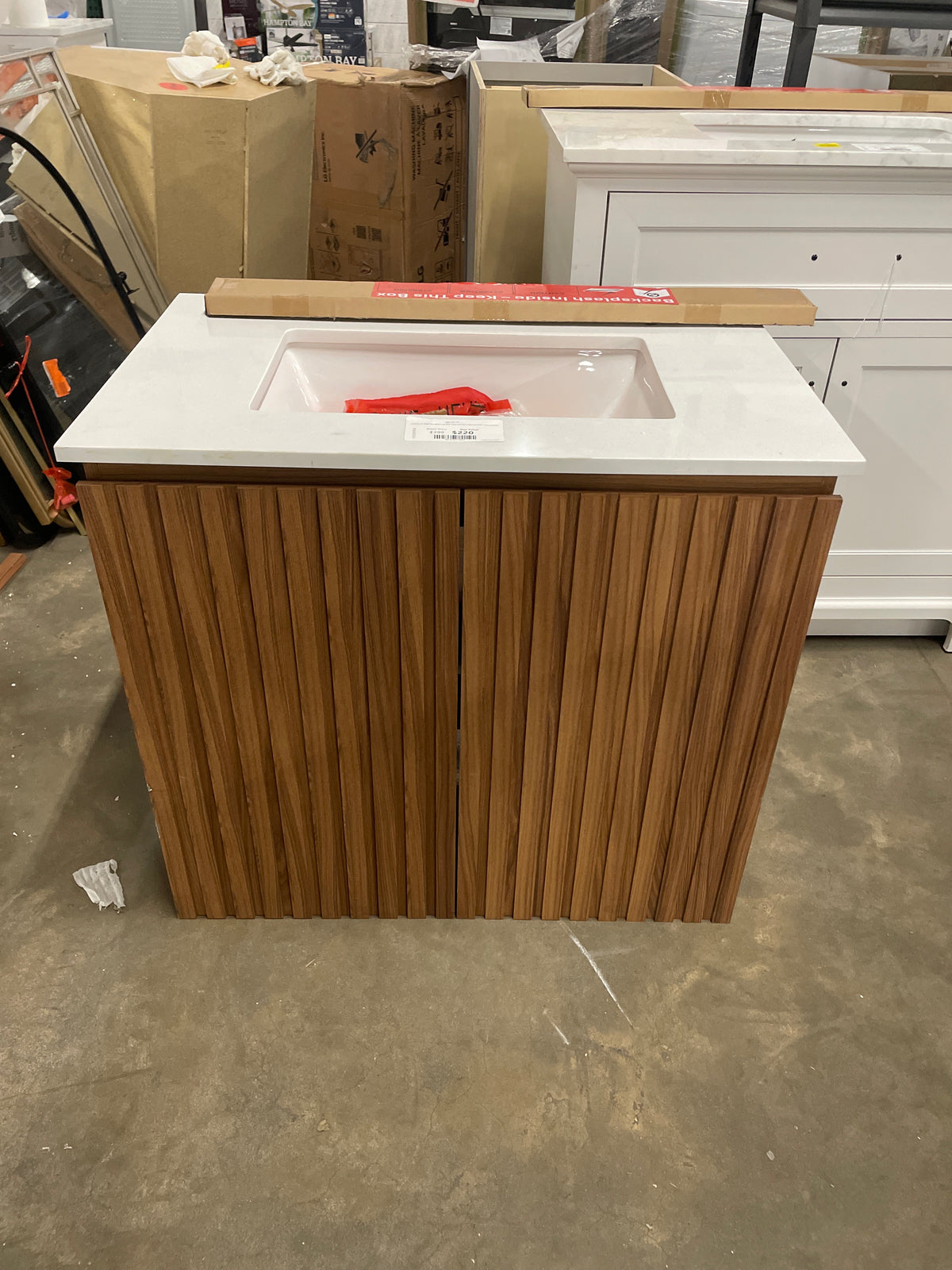 Precine 31 in. Single Sink Natural Teak Bath Vanity with White Engineered Stone Top(Assembled)