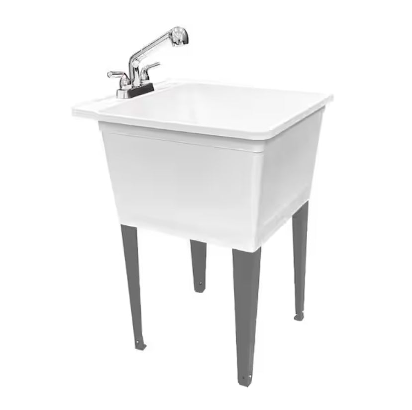 24.50 in. D x 22.5 in. W Freestanding Thermoplastic White 21 gal. Utility Tub with Grey Legs and Chrome Pullout Faucet