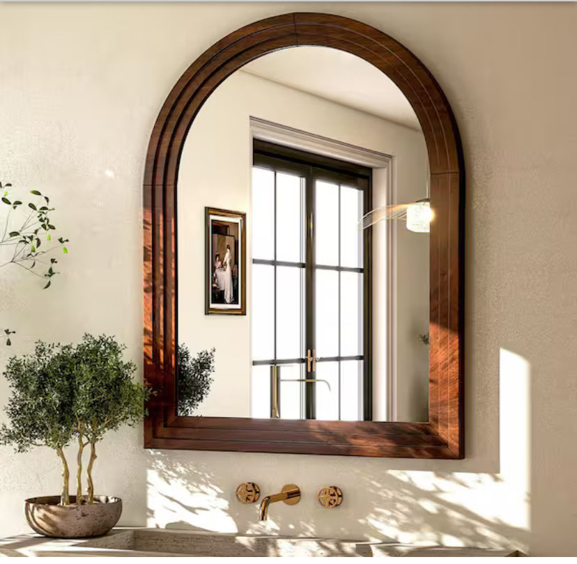 30 in. W x 40 in. H Arched Classic Brown Wooden Framed Bathroom Vanity Mirror Wall Mirror