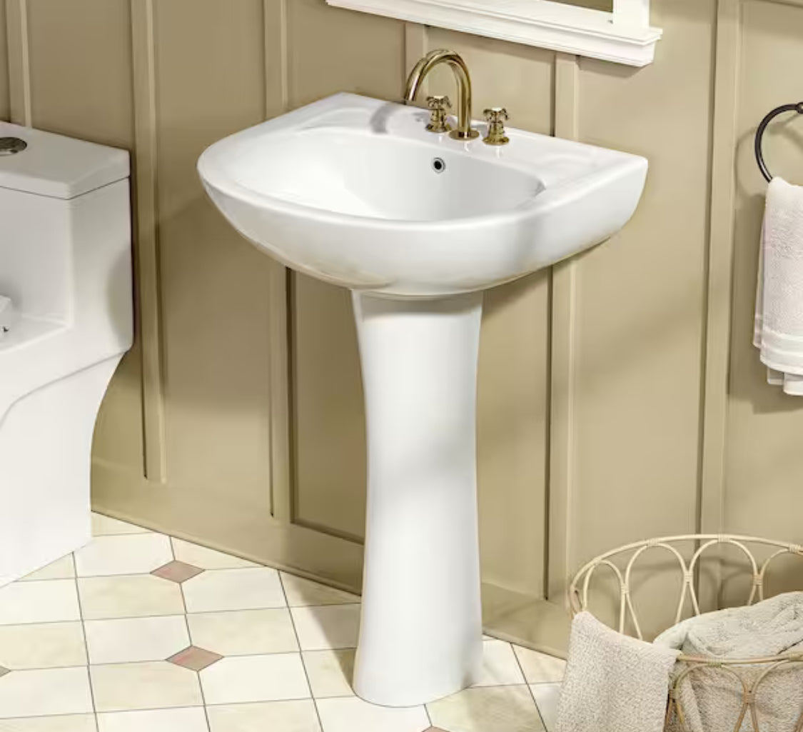 18 in. Round Ceramic Pedestal Combo Bathroom Sink in White with Overflow Drain