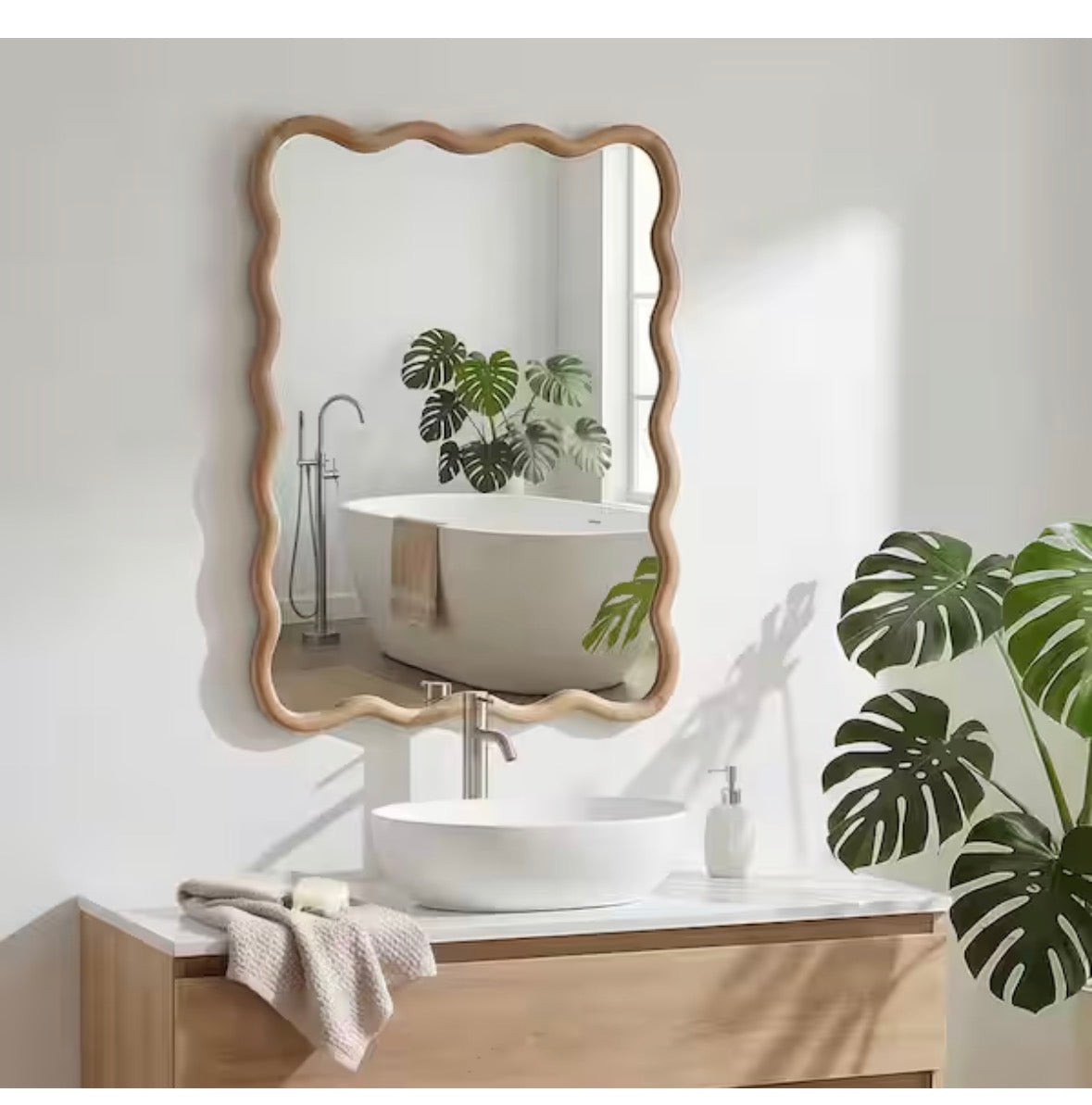 Natural Wood 20 in. W x 30 in. H Wavy Rectangle Solid Wood Framed Mirror for Bathroom Vanity Living Room Entryway Decor