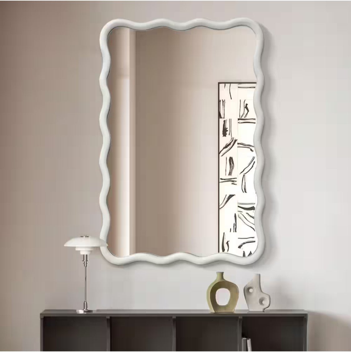 24 in. W x 36 in. H Rectangle White Wood Framed Wavy Wall Mirror