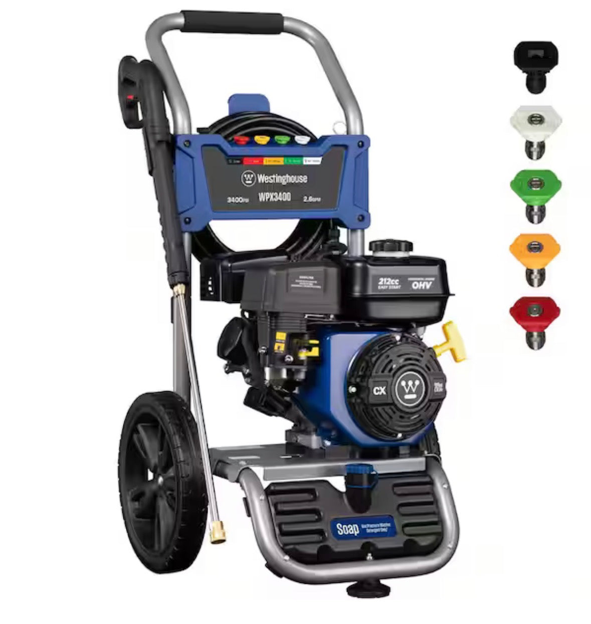 3400 PSI 2.6 GPM Gas Powered Axial Cam Pump Cold Water Pressure Washer with Soap Tank and 5 Quick Connect Tips