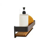 18 in. x 4 in. Rectangular Shower Shelf with Rail in Matte Black and Natural Teak Wood Insert