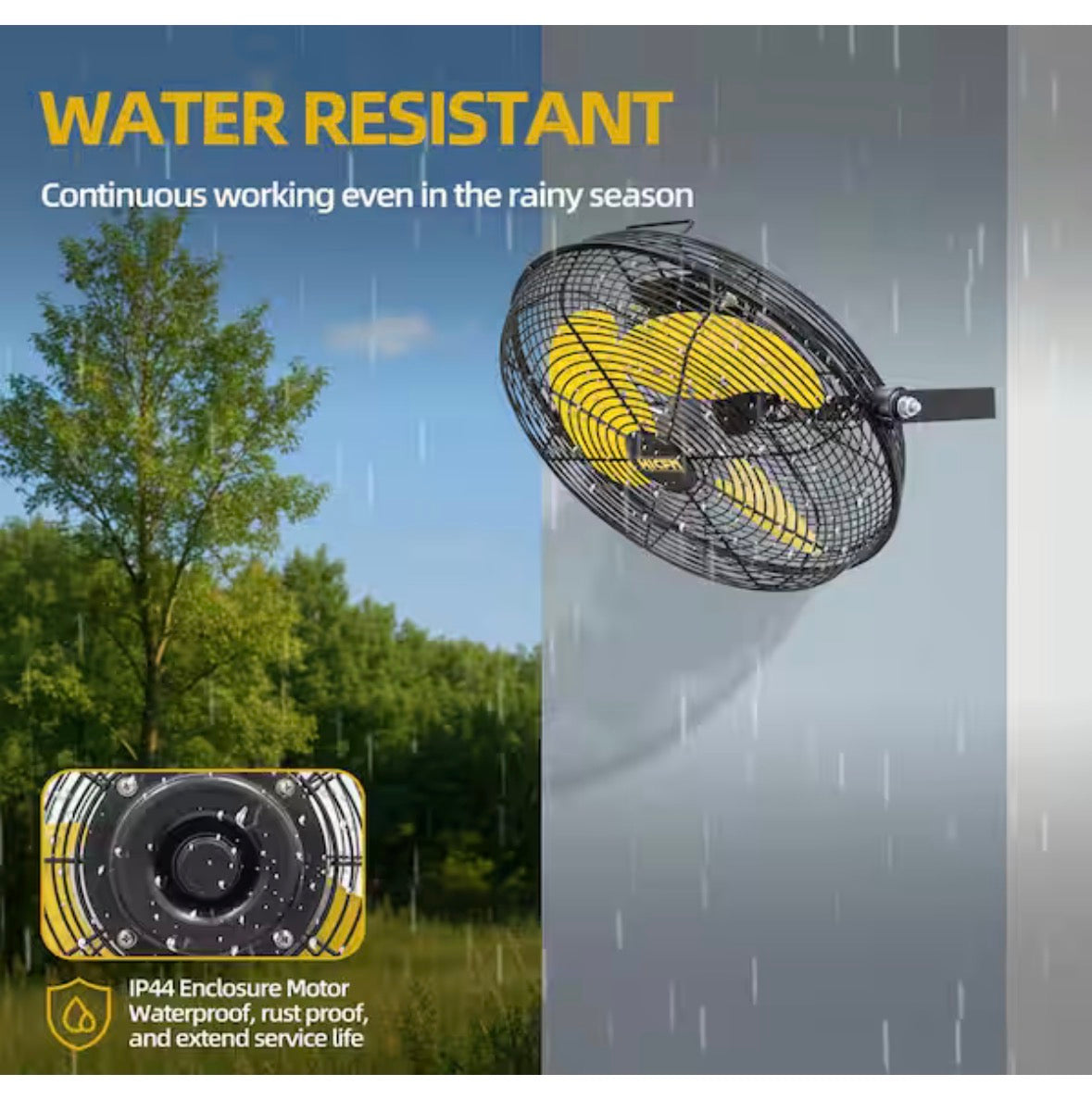 12 in. 3-Speeds Wall Mount Fan in Yellow with IP44 Enclosure Motor, 2500 CFM, 180Â° Tilting, 6 ft. Power Cord