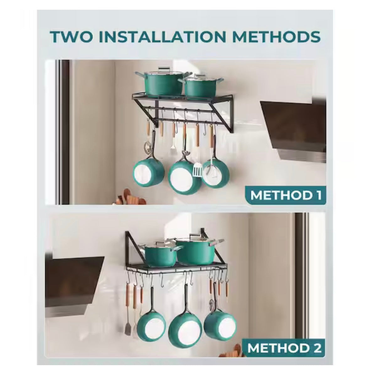 Black 23.6 in. Wall Mounted Pot Rack Storage Shelf with 2-Tier Hanging Rails and 12 S Hooks