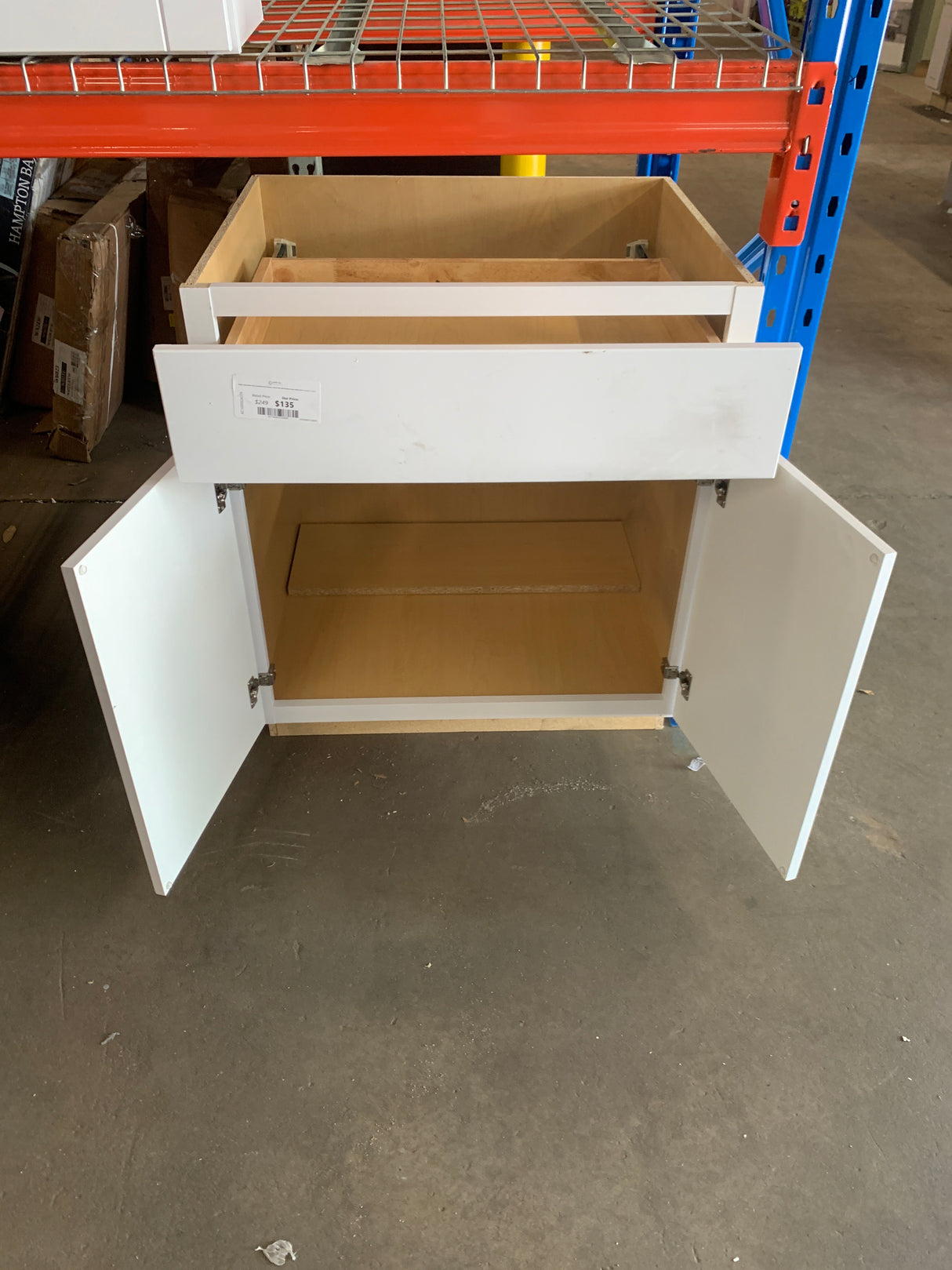 Shaker Satin White Stock Assembled Base Kitchen Cabinet with Ball-Bearing Drawer Glides (30 in. x 34.5 in. x 24 in.)