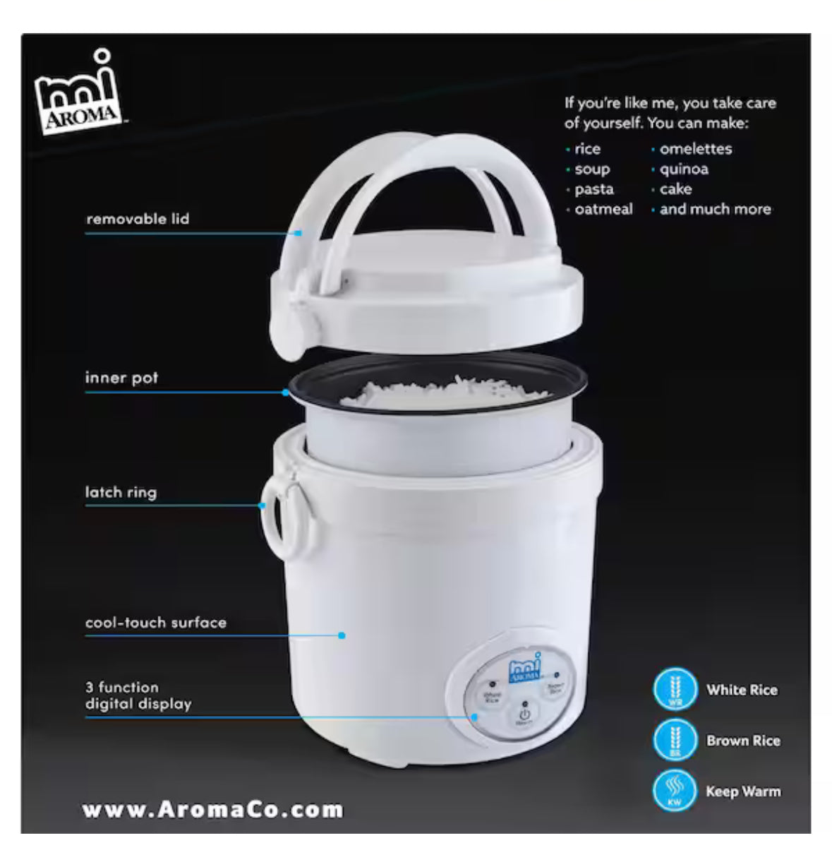 3-Cup White Mini Rice Cooker with Non-Stick Cooking Pot