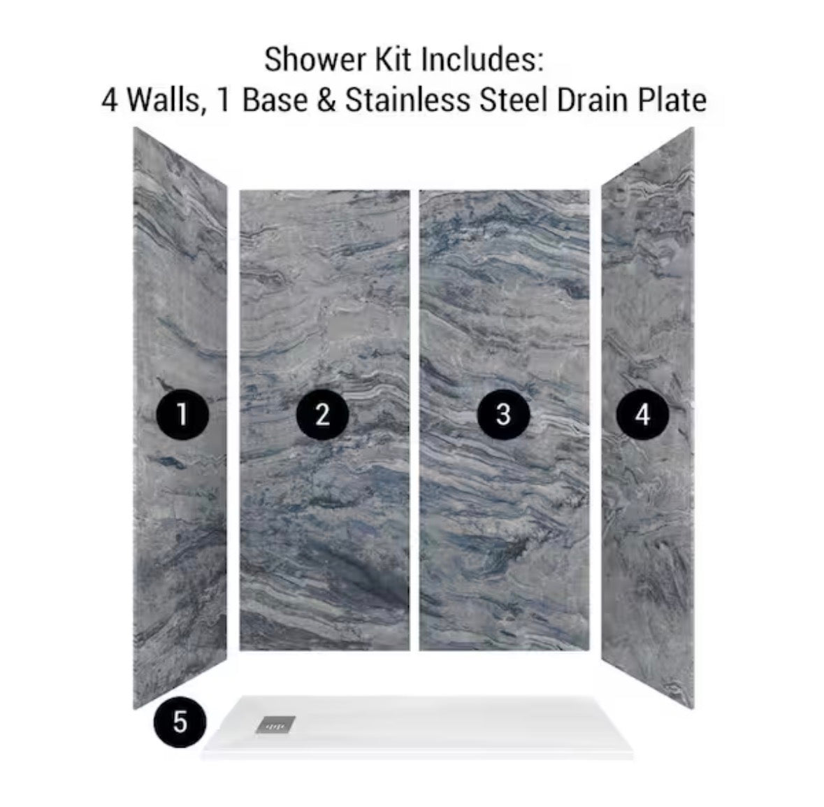 Nacarado Blue 32 in. x 60 in. x 84 in. Solid Composite Stone Alcove Shower Kit with Walls and White Pan Base L/R Drain