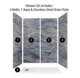 Nacarado Blue 32 in. x 60 in. x 84 in. Solid Composite Stone Alcove Shower Kit with Walls and White Pan Base L/R Drain