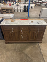 Doveton 60 in. Double Sink Freestanding Dark Walnut Bath Vanity with White Engineered Marble Top (Assembled)