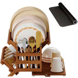 Teak Bamboo Dish Drying Rack with Utensil Holder, 3-Tier Counter Collapsible Dish Rack with Absorbent Dish Drying Mat