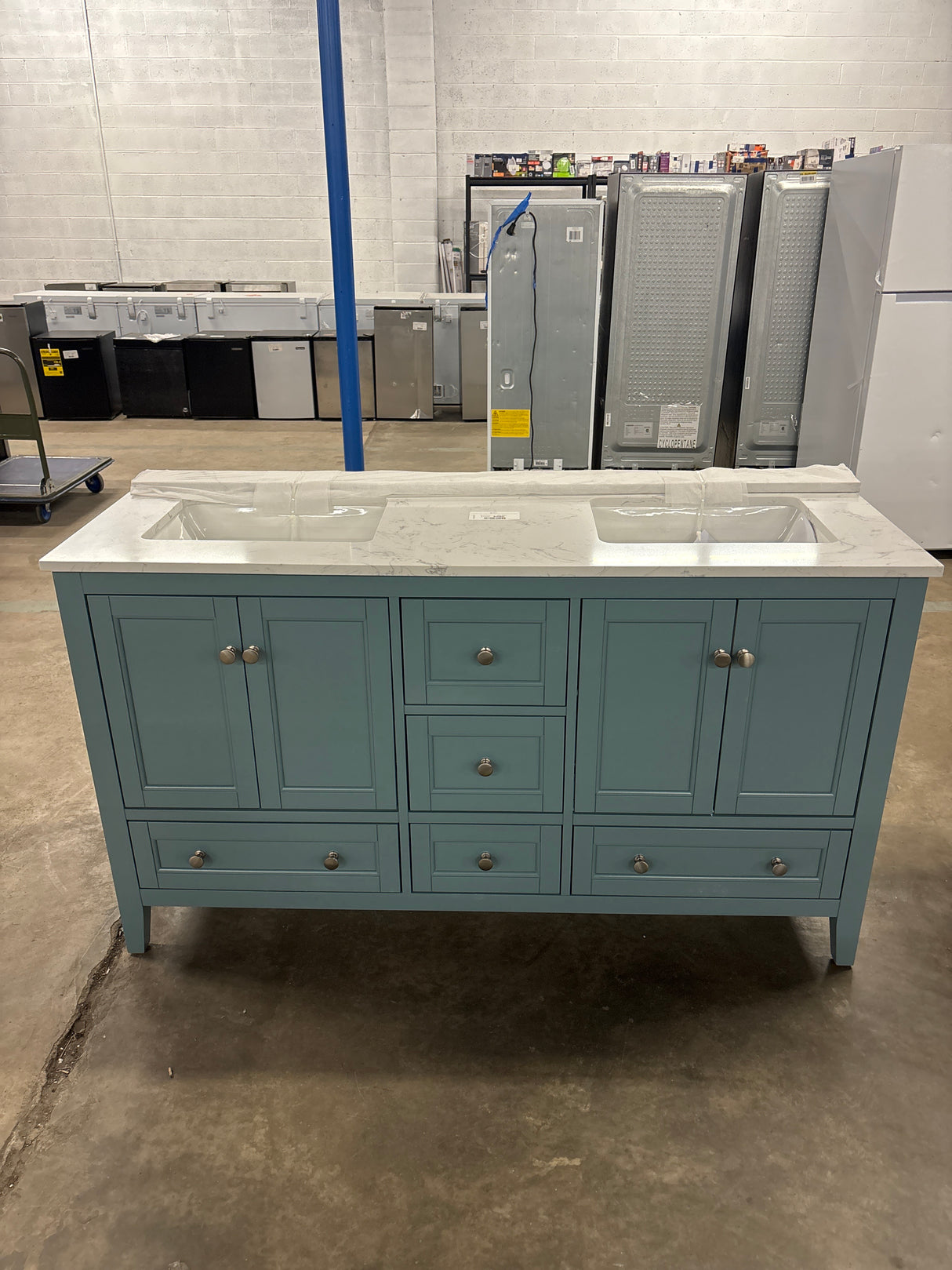Beverly 61 in. Double Sink Aegean Teal Bath Vanity with White Engineered Marble Top (Assembled)