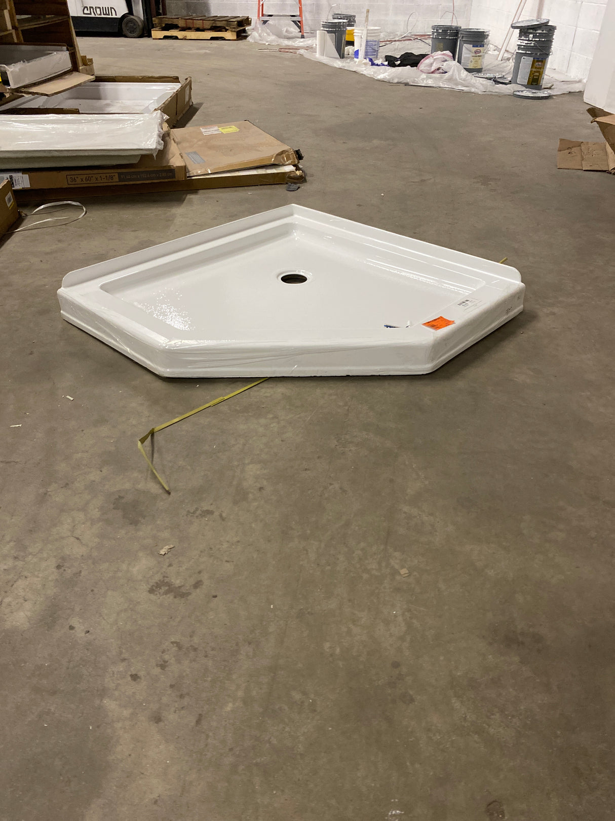 Foundations 38 in. L x 38 in. W Corner Shower Pan Base with Corner Drain in White