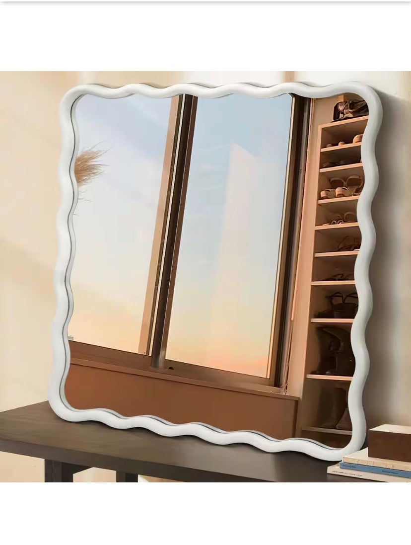 36 in. W x 36 in. H Square White Wood Framed Wavy Wall Mirror