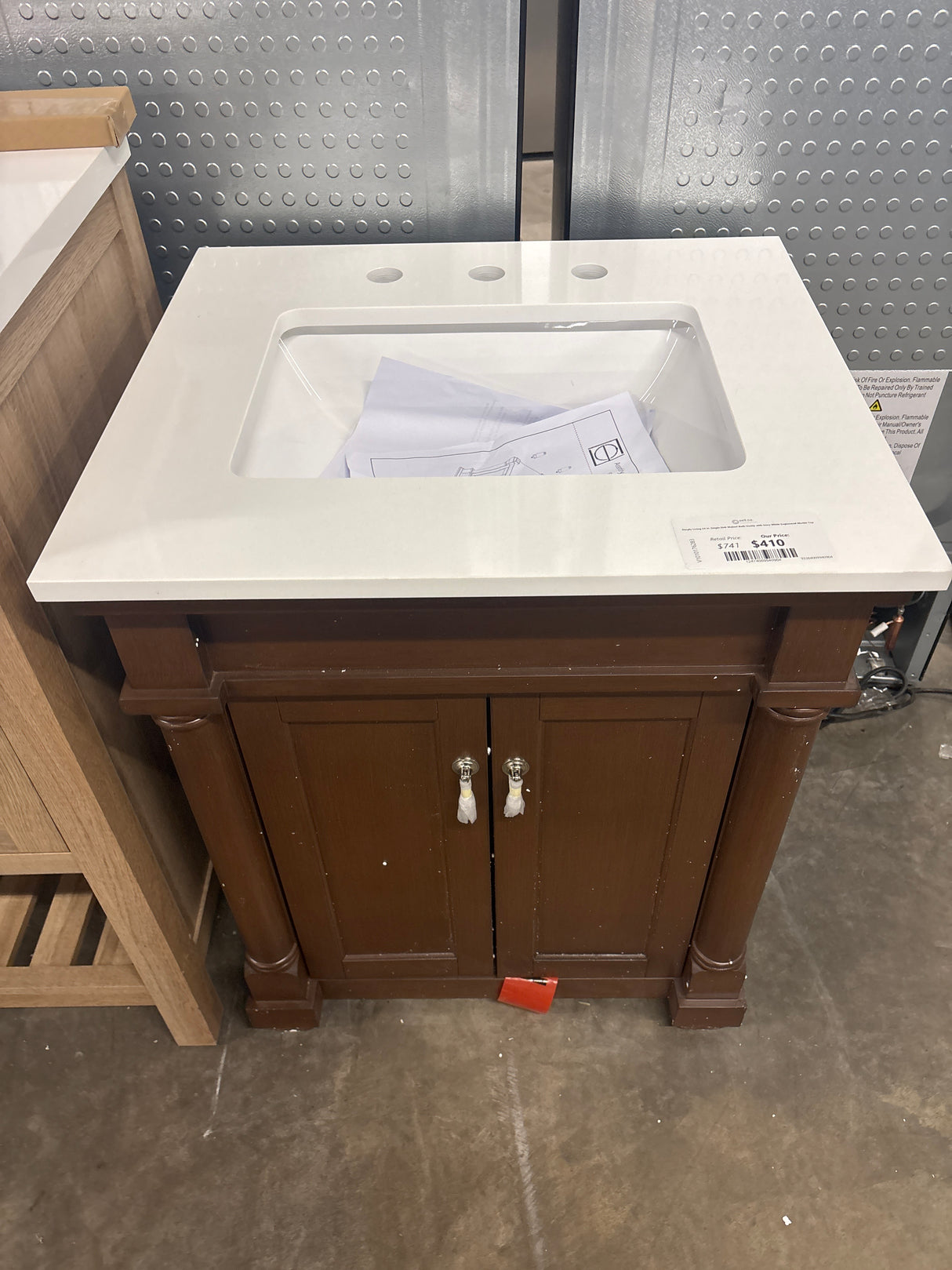 Simply Living 24 in. Single Sink Walnut Bath Vanity with Ivory White Engineered Marble Top