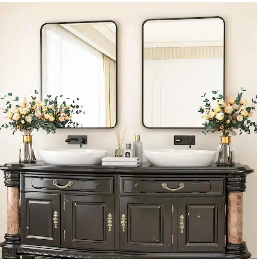 24 in. W x 36 in. H Rectangular Aluminum Alloy Framed Rounded Black Wall Mirror