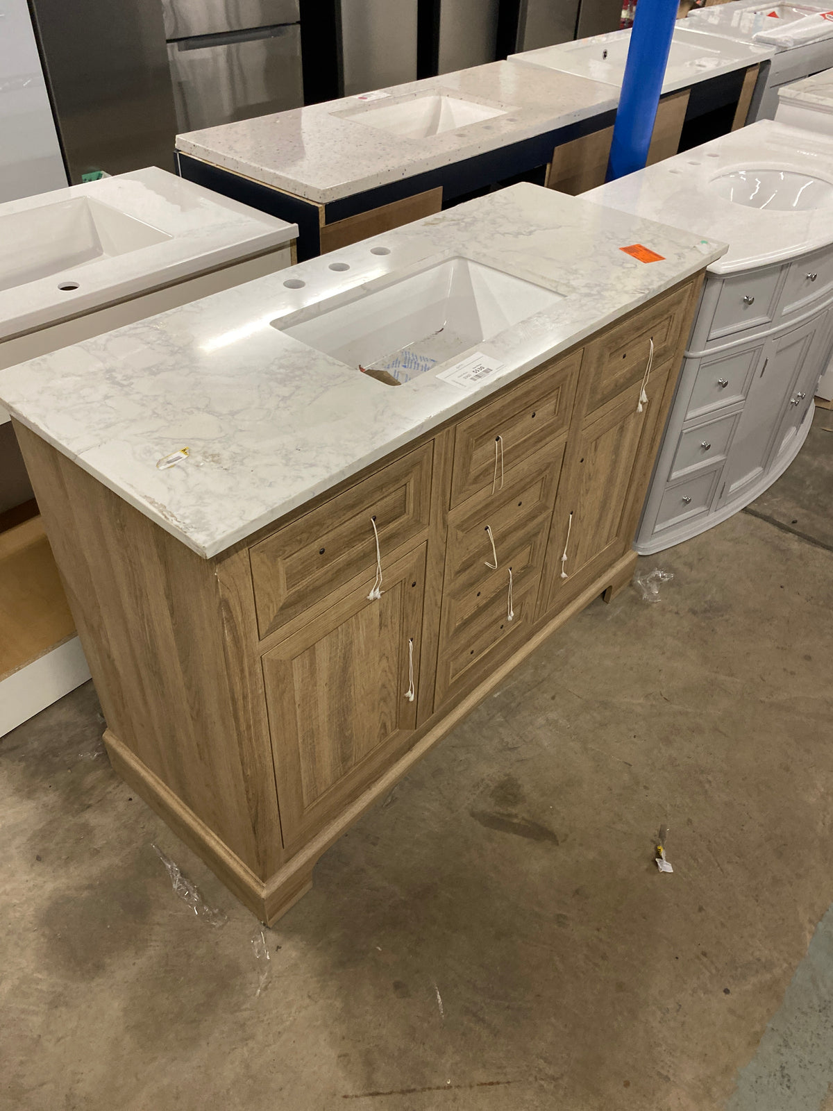 Doveton 48 in. W x 19 in. D x 34.50 in. H Freestanding Vanity in Weathered Tan with White Engineered Stone Top