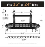 Matte Black Ceiling Oval Pot Rack for Kitchen with 20 S Hooks