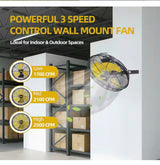 12 in. 3-Speeds Wall Mount Fan in Yellow with IP44 Enclosure Motor, 2500 CFM, 180Â° Tilting, 6 ft. Power Cord