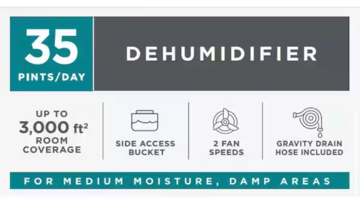 35 pt. Dehumidifier up to 3,000 sq. ft. ENERGY STAR for Basement, Garage, or Wet Rooms in White