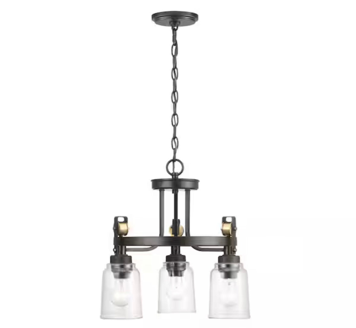 Knollwood 17-1/2 in. 3-Light Black Bronze with Brass Accents Industrial Round Chandelier for Kitchens Bulbs Included