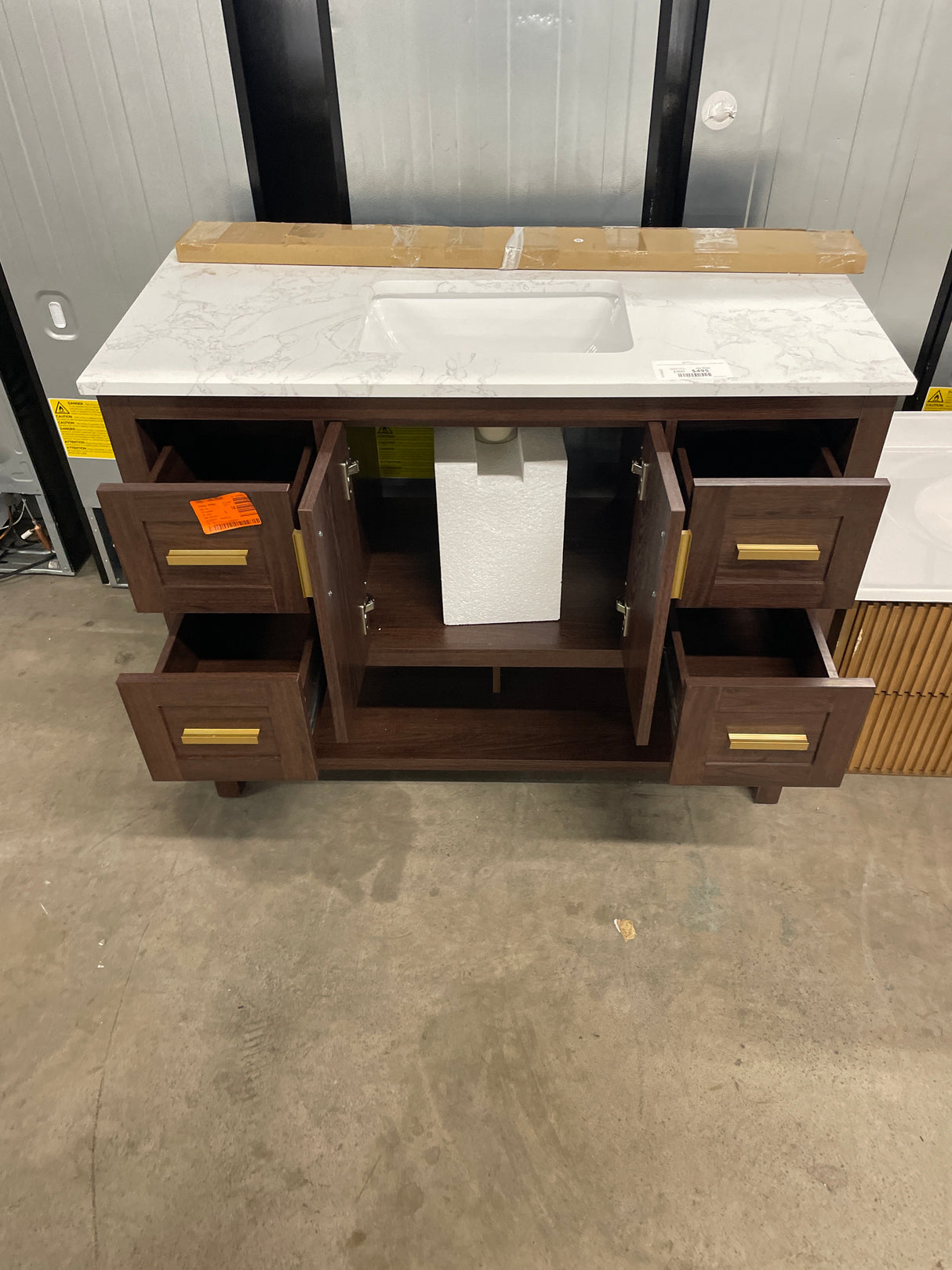 Sonia 43 in. Single Sink Freestanding Walnut Bath Vanity with White Engineered Stone Top and Backsplash Assembled