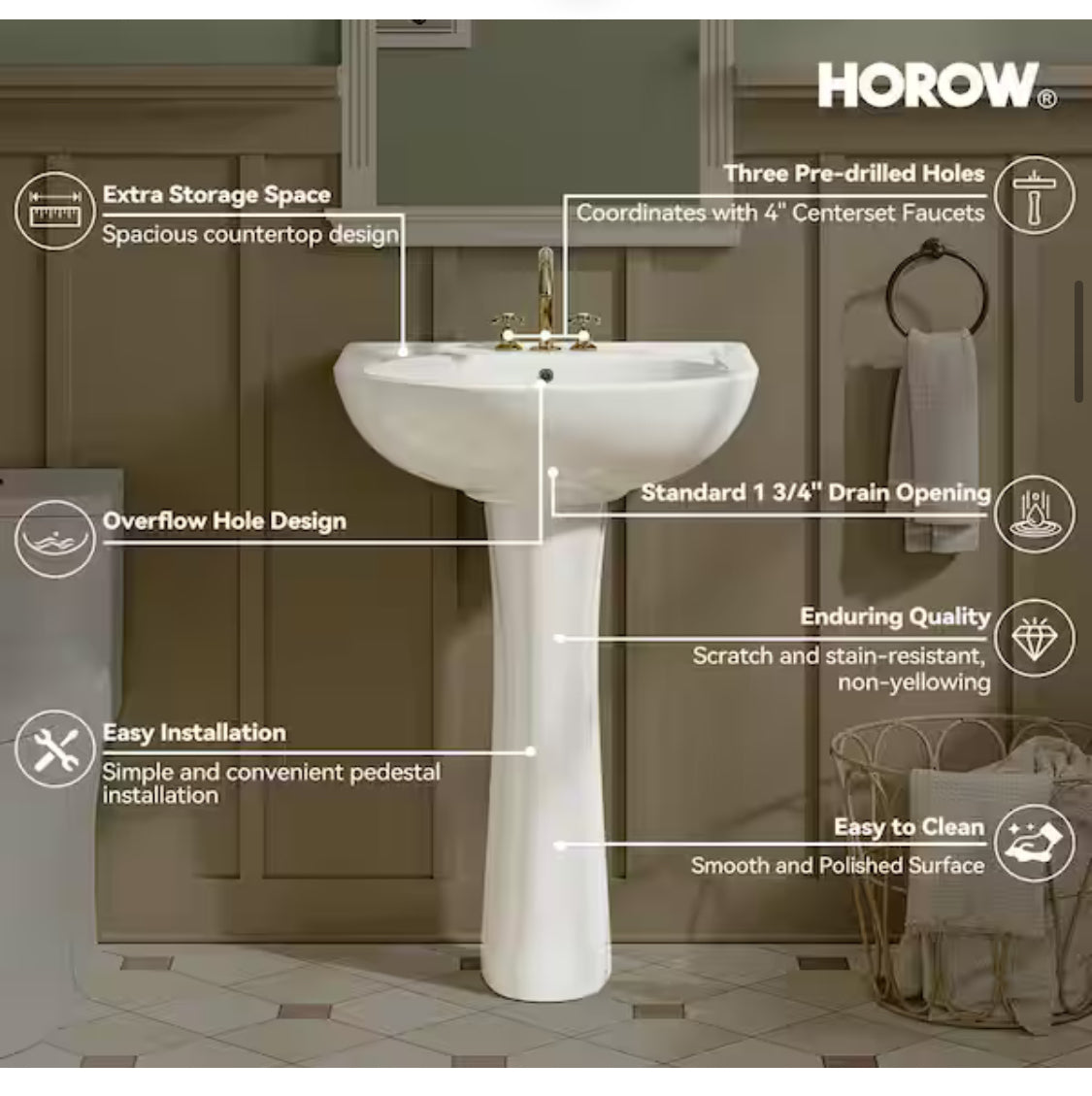 18 in. Round Ceramic Pedestal Combo Bathroom Sink in White with Overflow Drain