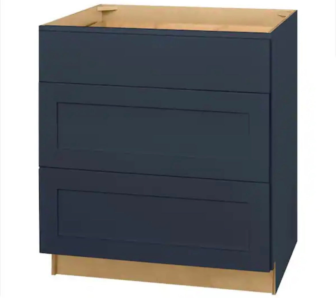Avondale 30 in. W x 24 in. D x 34.5 in. H Ready to Assemble Plywood Shaker Drawer Base Kitchen Cabinet in Ink Blue