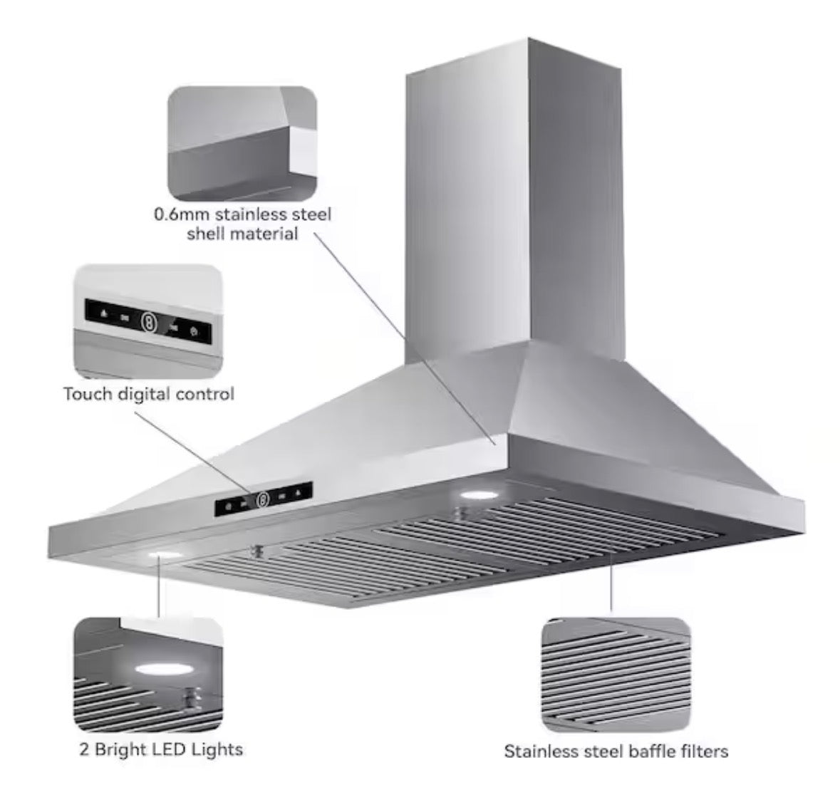 30 in. 500 CFM Ductless Convertible Wall Mount Range Hood in Stainless Steel with LED Lights, Filter and Touch Control