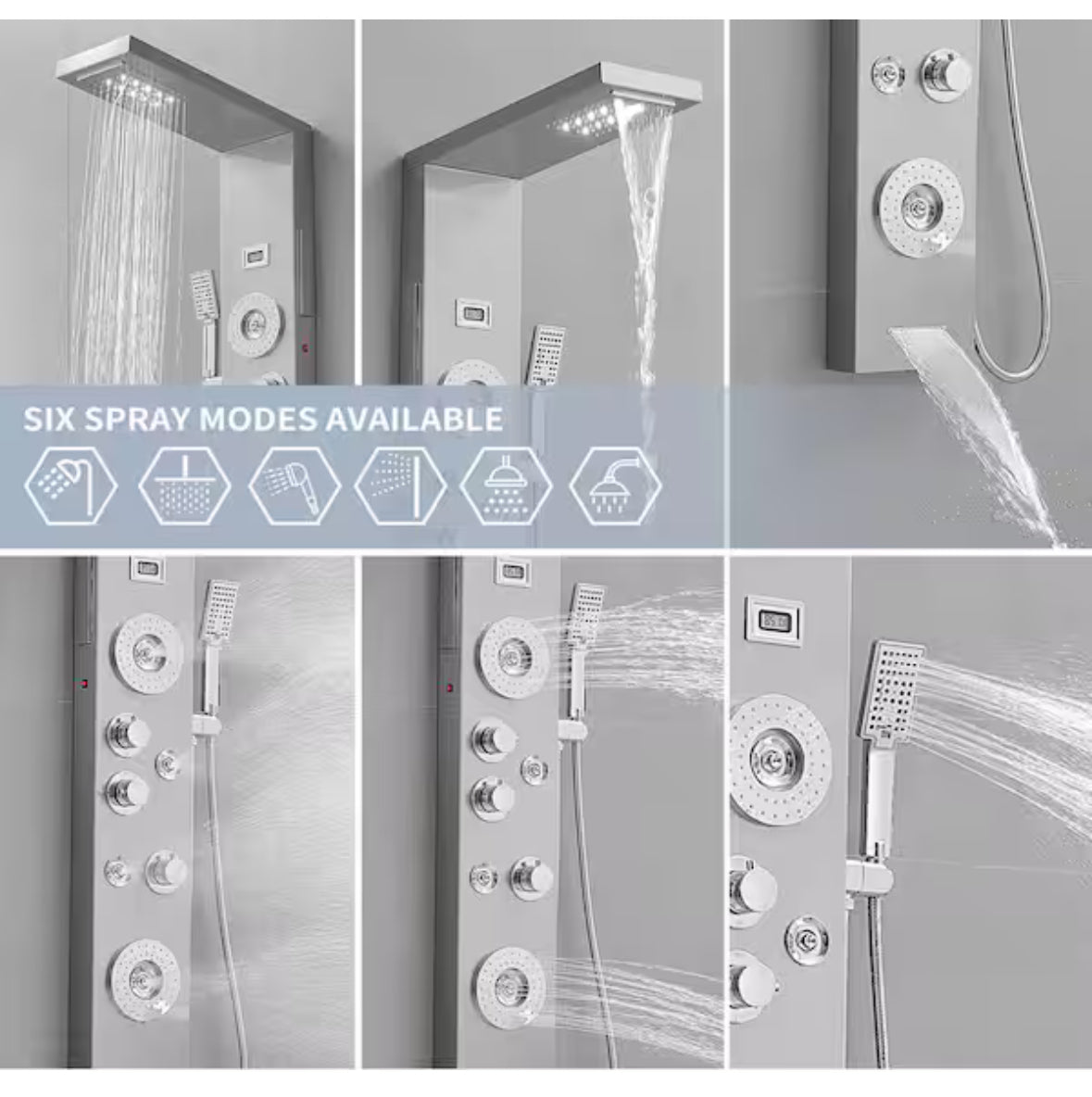 4-Jet Rainfall Shower Tower Shower Panel System with Rainfall Shower Head Shower Wand With LED light in Chrome Nickel