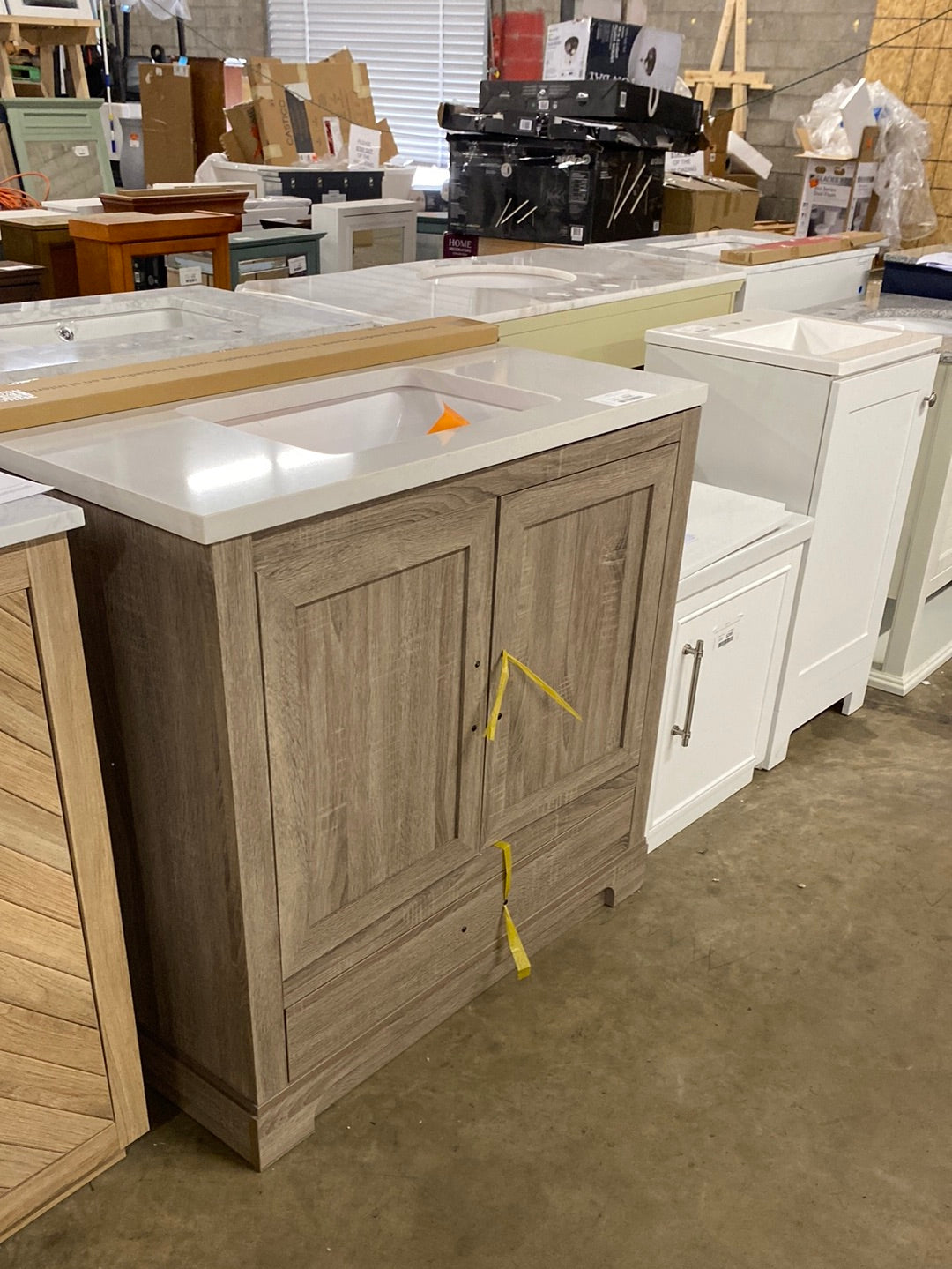 Kendall 36 in. W x 34.5 in. H Bath Vanity in Distressed Oak with Engineered Stone Vanity Top in White with White Basin