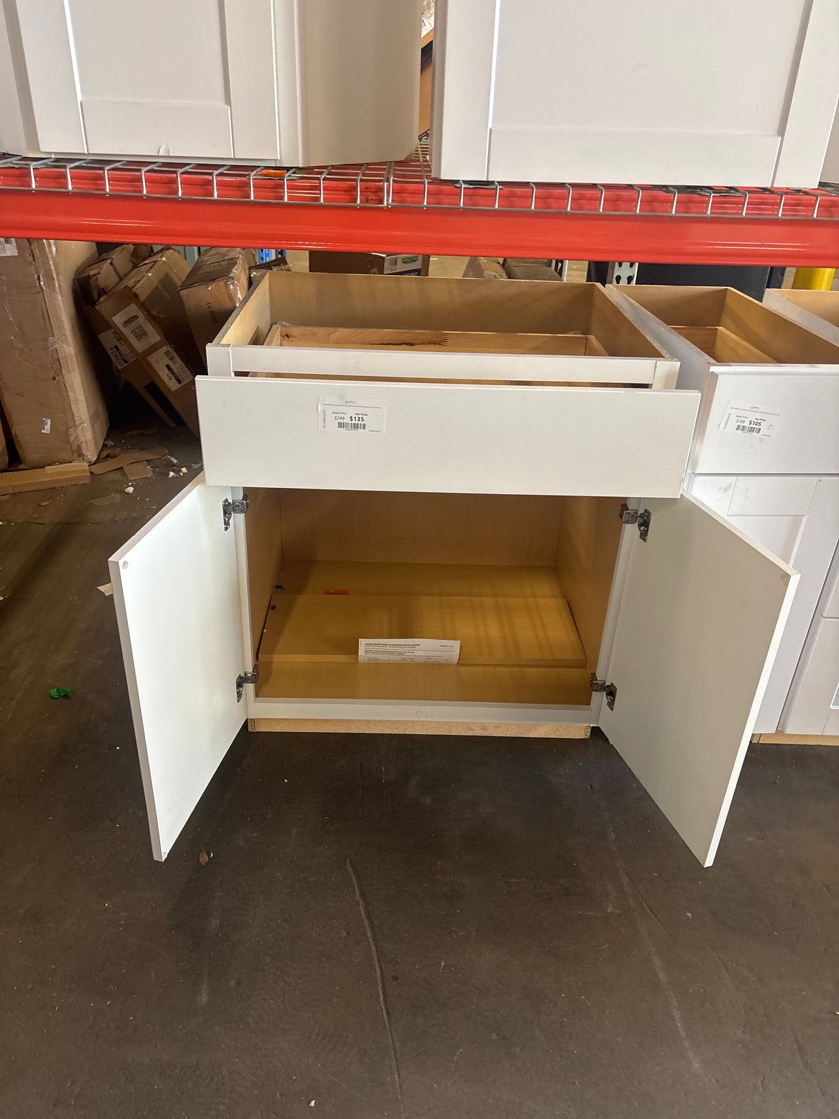 Shaker Satin White Stock Assembled Base Kitchen Cabinet with Ball-Bearing Drawer Glides (30 in. x 34.5 in. x 24 in.)