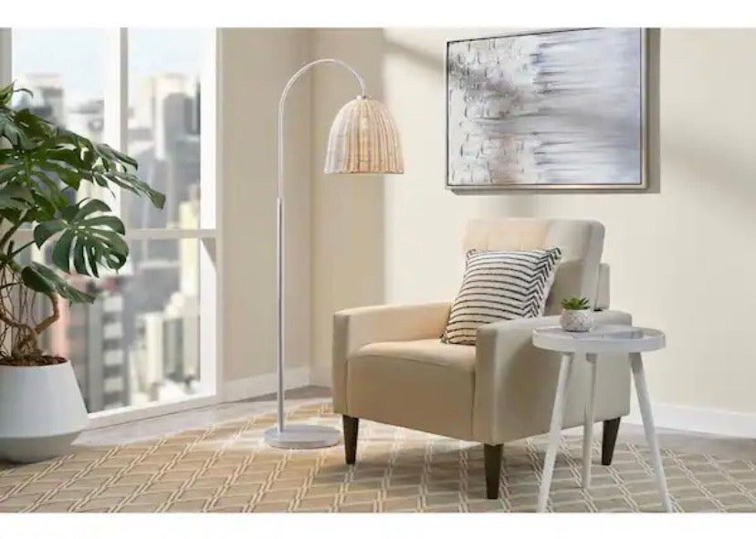 Highler 61 in. Silver Floor Lamp with White Rattan Shade